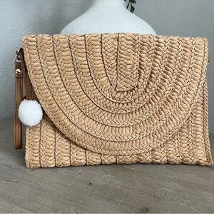 Woven Tan Clutch with Pom Pom
